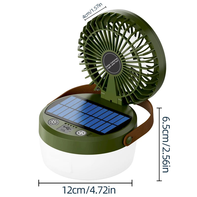SolAiro Faltbare Solar-Campinglaterne mit Ventilator 12 × 12 cm | 2‑in‑1 Zeltlampe & Kühlventilator mit 4 Leuchtmodi | USB & Solar aufladbare Outdoor-Kombination