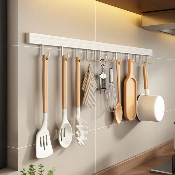 Wandregal KüchenMeister Flex | Ohne Bohren | Mit Haken & Löffelhalter | 30/40/50 cm | Organizer aus Space-Aluminium