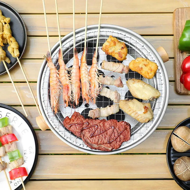 Kyoonori Koreanischer Holzkohlegrill rund | Tragbarer BBQ-Ofen aus Eisen | 32 × 10 cm | Antihaft-Grillrost | Für Camping & Outdoor
