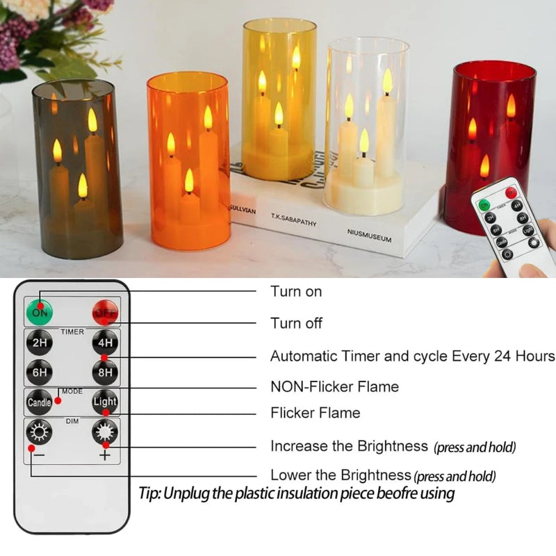 LumièreTrio LED-Stumpenkerze mit 3 Dochten | 7,5 × 15 cm | Fernbedienung & Timer | Flackerndes Warmlicht | Acryl-Design