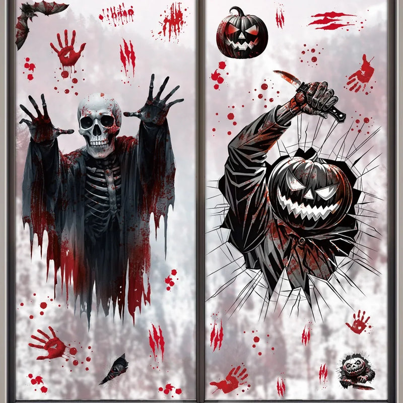 Fensteraufkleber HorrorPumpkins | Halloween Sticker Set | Kürbis, Schädel, Blut-Handabdrücke & Fledermäuse | Wiederverwendbar