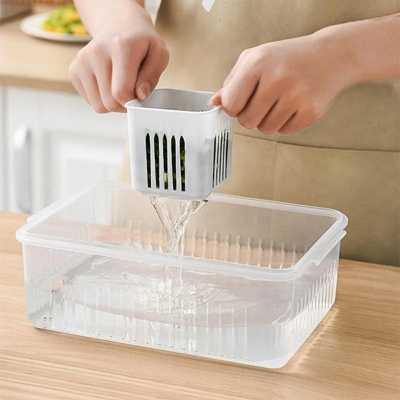 Kitchero FreshBox Frischhaltebox mit Abtropfeinsatz | 4-teiliges Modulsystem | Transparent & Stapelbar | 22,8x16x8,5 cm