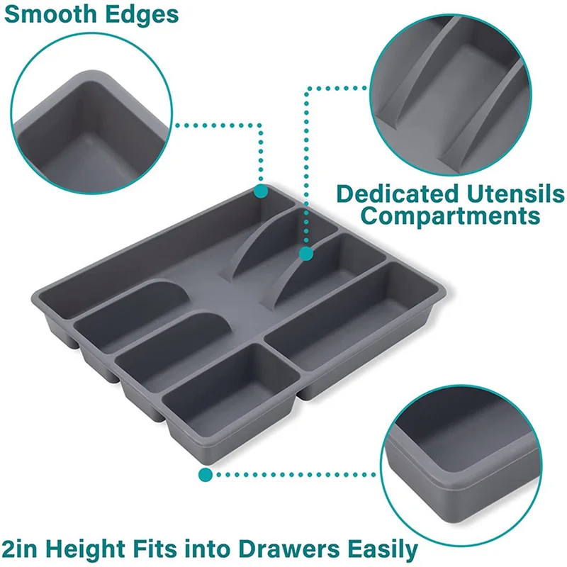 Besteckkasten OrdiFlex | Kompakter Organizer mit 5 Fächern | Rutschfest & Vielseitig einsetzbar | 30 × 20 × 4 cm Grau