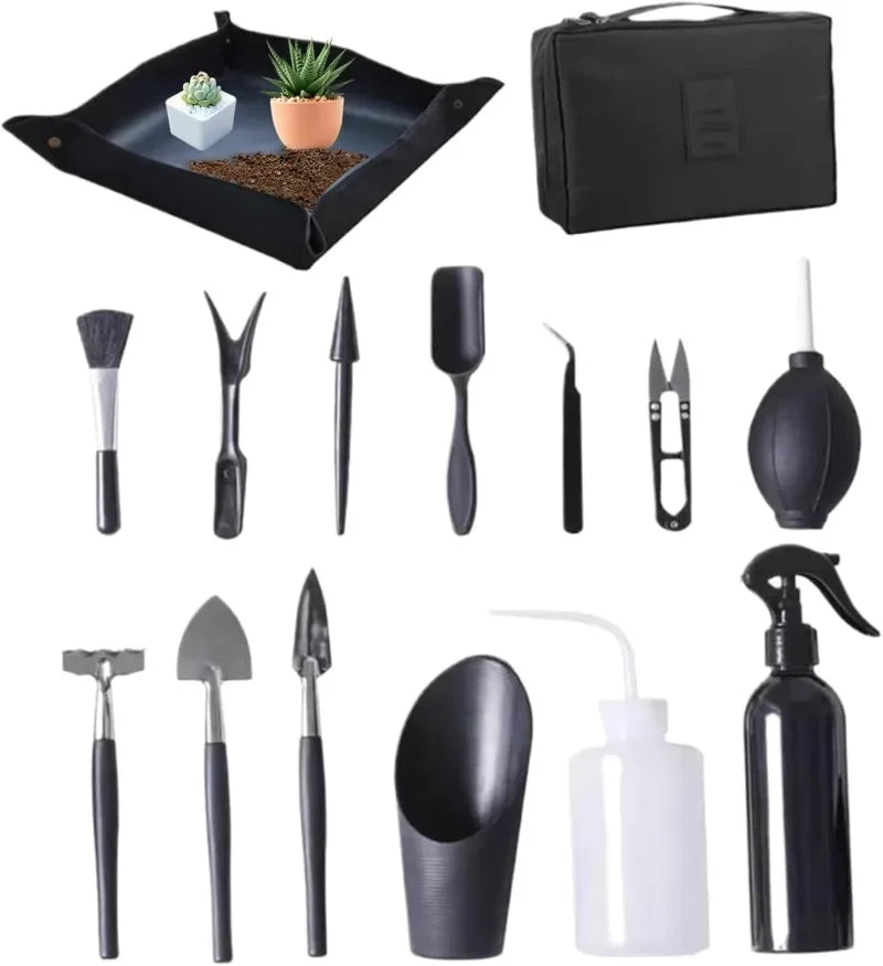 Florinza MicroGarden Set 15-teiliges Bonsai- & Sukkulenten Gartenwerkzeug-Set | Mit Tasche & Pflanzmatte | Für Umtopfen, Schneiden & Pflegen
