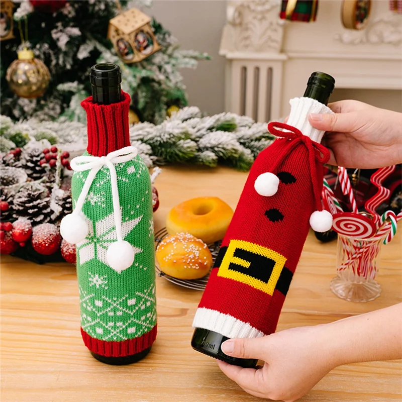 Festivelle 3er Set Weihnachts Flaschenhüllen | Gestrickte Weinflaschen Deko | Mit Kordelzug | Für 750ml Wein- & Champagnerflaschen | Polyester