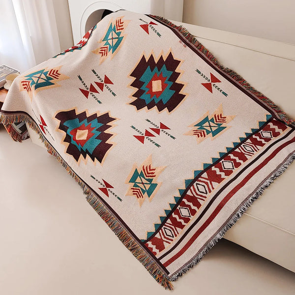 AztecaLoom Boho Decke | XXL Azteken-Plaid mit Fransen | Südwestlicher Ethno-Stil | Vintage Wohndecke aus Baumwollmischung