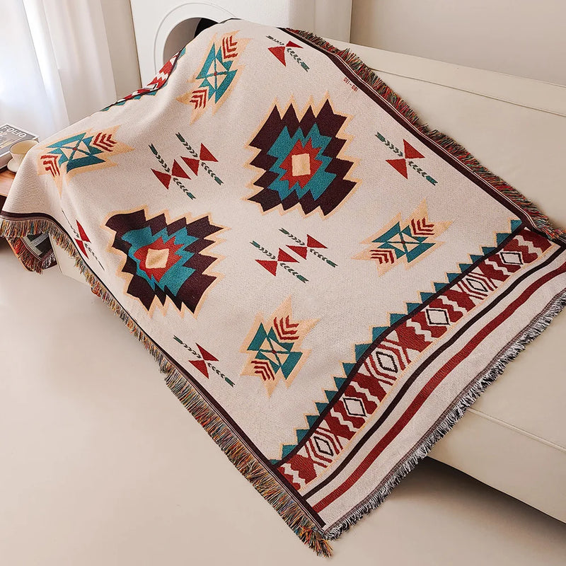 AztecaLoom Boho Decke | XXL Azteken-Plaid mit Fransen | Südwestlicher Ethno-Stil | Vintage Wohndecke aus Baumwollmischung
