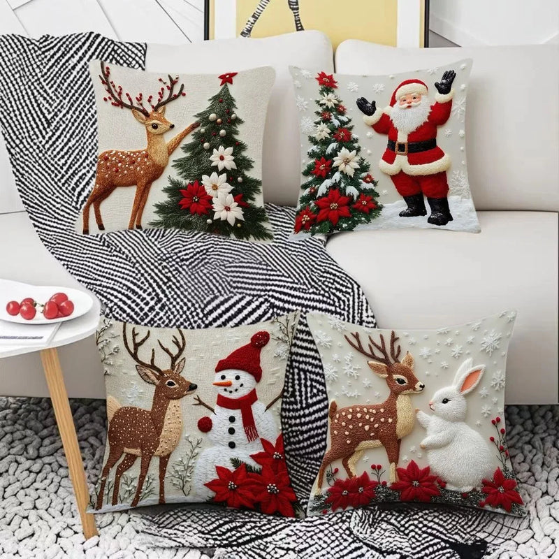 Jolivine | Weihnachtlicher Kissenbezug 45×45 cm | Rentier, Schneemann & Weihnachtsmann | Kuschelig & Waschbar | Deko für Sofa & Bett