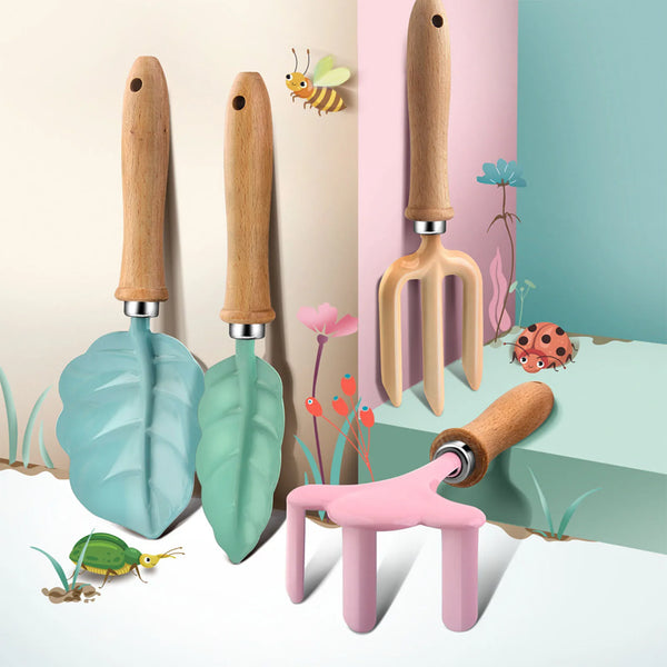 Florinella MiniGarden Kinder-Gartenset mit Blatt- & Blütendesign | Gartenschaufel, Rechen & Gabel aus Holz & Metall