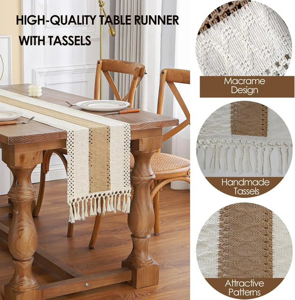 Casaluna | Boho Tischläufer mit Quasten | Leinenoptik & Baumwollmischung | Rustikaler Farmhouse-Stil