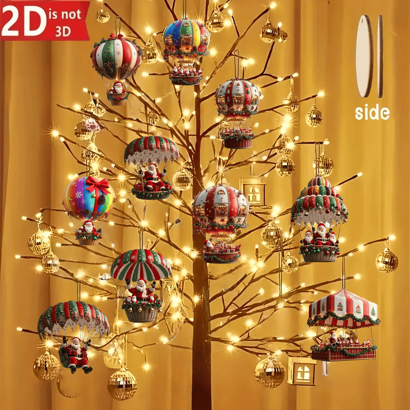 NordicJoy Weihnachtsanhänger Heißluftballon & Weihnachtsmann | 10er-Set Holzornamente | Christbaumschmuck & Deko Geschenkidee