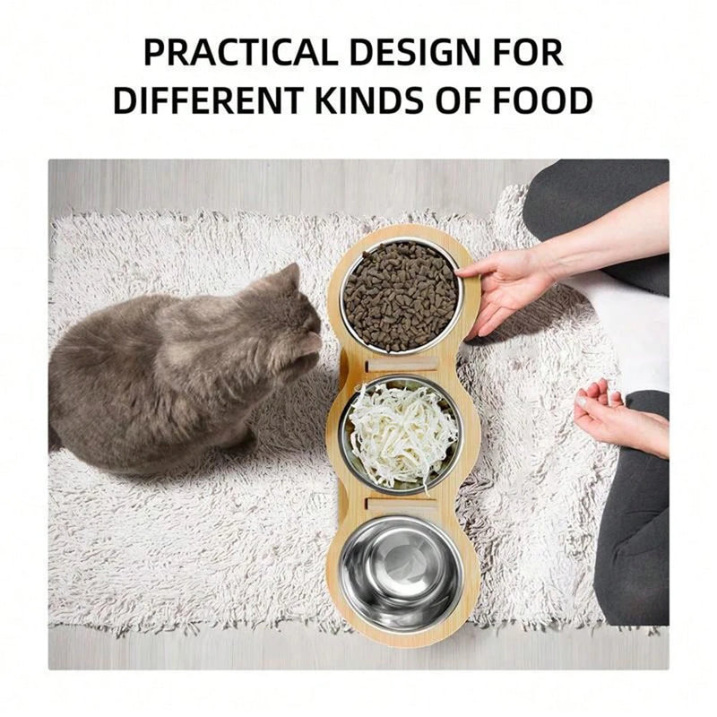 Katzennapf-Set Mizuto TrioLift | 3-in-1 Futterstation mit 15° Neigung | Edelstahl-Näpfe & Holzhalterung | Für Katzen & kleine Hunde
