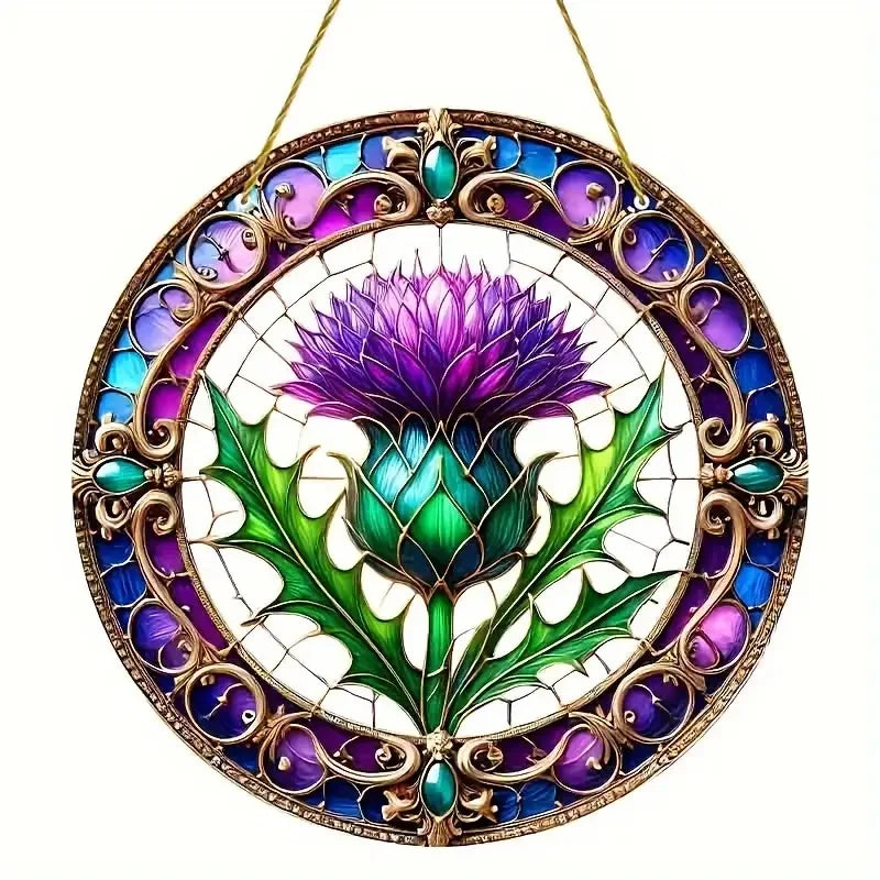 Suncatcher ThistleLight | Rundes Acryl-Fensterbild mit Distel-Motiv | 15–20 cm | Handbemalt & Lichtdurchlässig