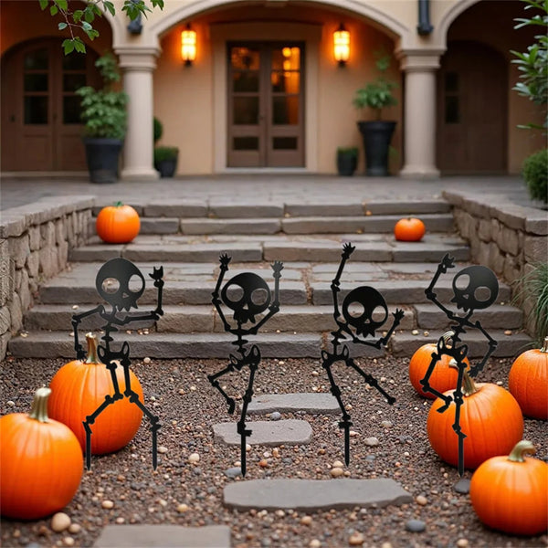 SpookySteps Gartendeko | Tanzende Skelette | Wetterfestes Metall | 4er-Set | Halloween Outdoor Dekoration
