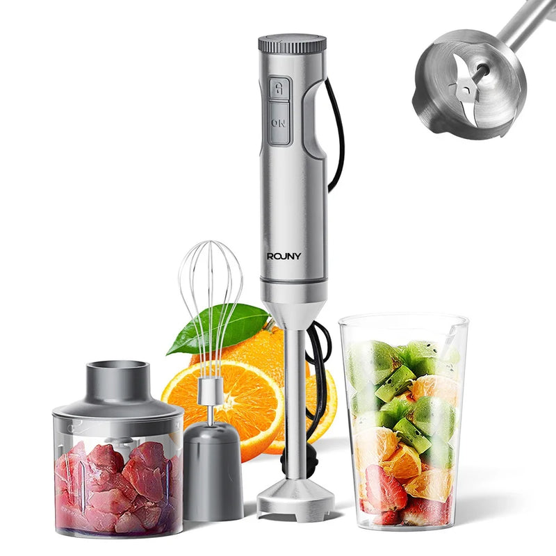 BlendMaster | 4-in-1 Stabmixer Set aus Edelstahl | 700 ml Becher, 500 ml Zerkleinerer & Schneebesen | 14 Geschwindigkeiten