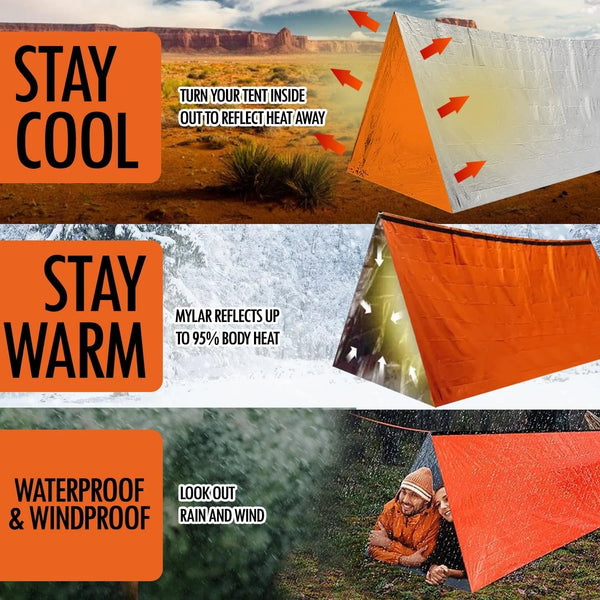 ResQtent Notfallzelt für 2 Personen | Ultraleichtes Rettungszelt mit Mylar-Isolierung | Wind- & wasserdicht | Kompakt für Outdoor, Auto & Survival-Kit