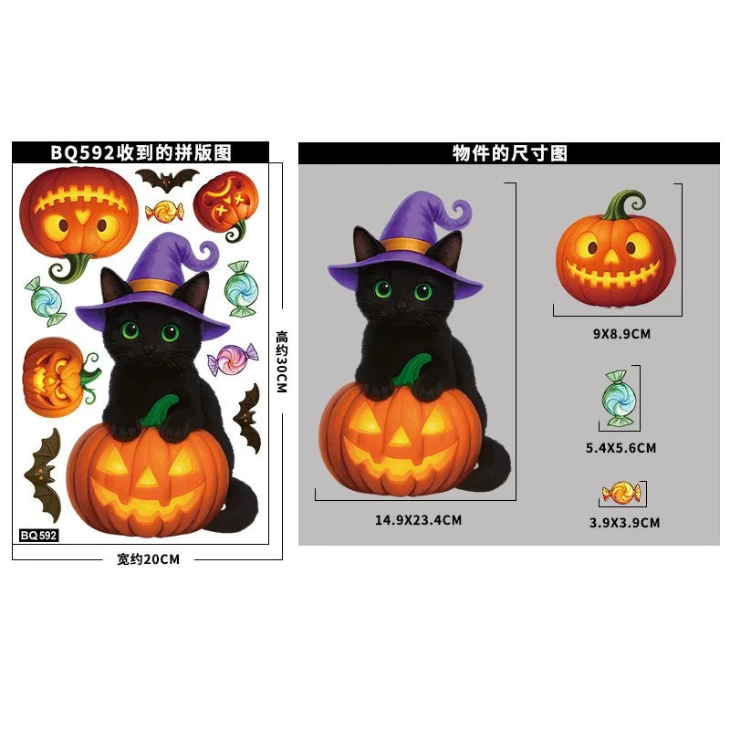 Fensteraufkleber SpookyPumpkins | Halloween Deko Sticker | Kürbis, Katze & Geist | Wiederverwendbar & statisch haftend