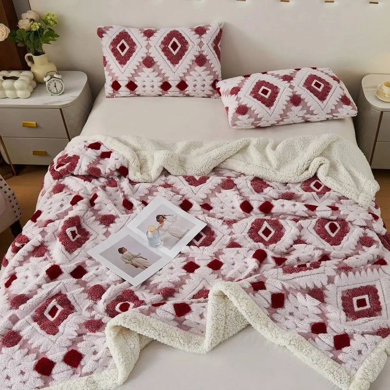 Lunavoux | Doppellagige Decke aus Samt & Lammwolle | Extra Dick & Warm | Geometrisches Jacquard-Muster | Sofa- & Bettüberwurf