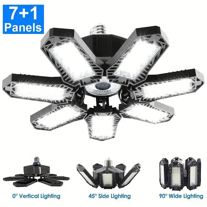 LUMIFLEX LED Garagenlampe | Faltbare Deckenleuchte mit 3–12 verstellbaren Panels | E27-Sockel | 6500K Tageslicht – Für Werkstatt, Lager & Garage