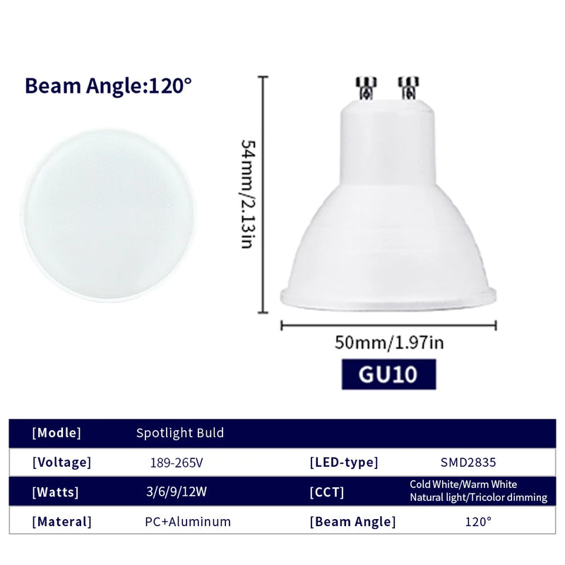 LED-Strahler Glimora GU10 | 3W/6W/9W/12W | Energieeffizient & langlebig | 3-Farb-Dimmung | 220V