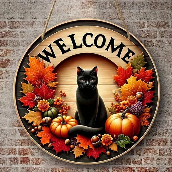 Autumna Herbst Willkommensschild | Rund 20 cm | Schwarze Katze & Kürbis | Tür- & Eingang Deko