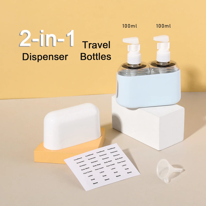 FlexiFill Reiseflaschen Set 2-in-1 | 100 ml Kombiflasche mit Trichter & Etiketten | Für Shampoo, Duschgel, Lotion | Auslaufsicher & TSA-konform
