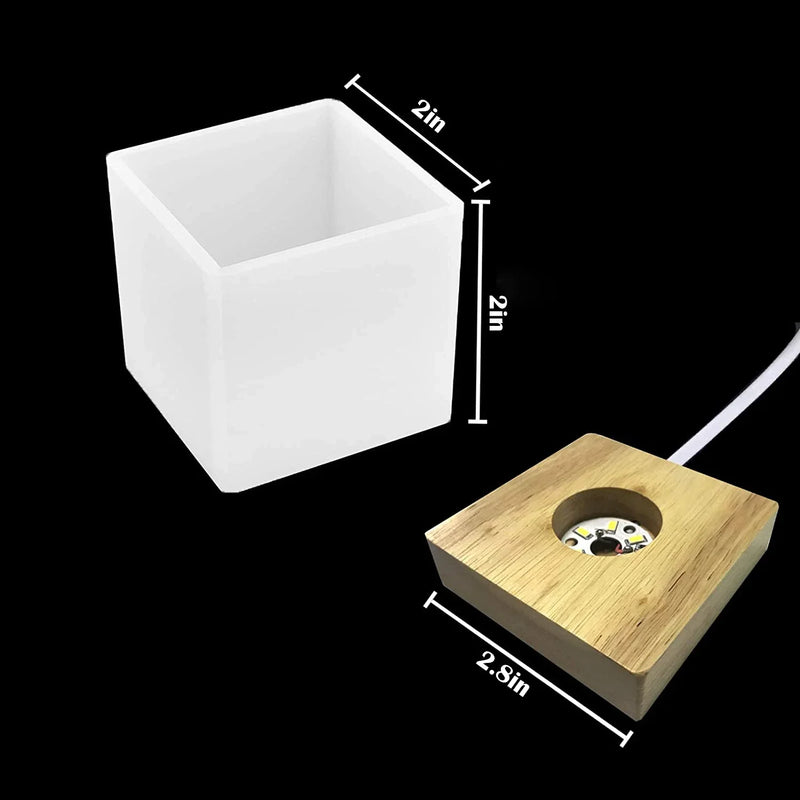 ResinCube Glow | Silikonform mit LED-Holzbasis | DIY Epoxidharz Lampe & Würfel-Dekor