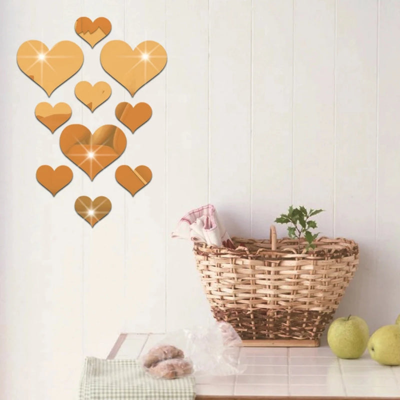 HeartMirro | 3D Wandsticker Herz-Set | Spiegeloptik Gold & Silber | 10-teilig
