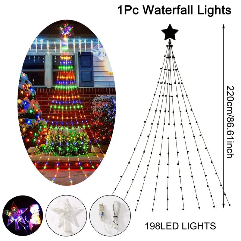 LED Sternen-Wasserfall StellaCascade | 198 LEDs | 2,2 m | Warmweiß / Weiß / Bunt | USB & Batteriebetrieb | Weihnachts- & Neujahrsdeko