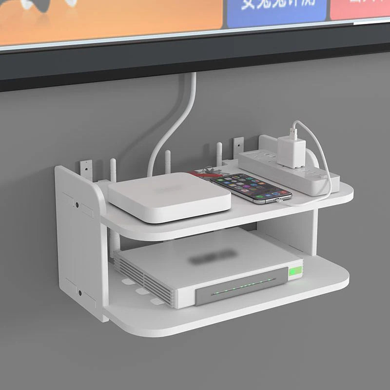 SkyConnect Home | WLAN-Router Wandregal | Versteckter Kabel-Organizer & Steckdosenhalter | Schwebendes Regal für TV-Box & Mehr | Weiß | 40×12×8 cm