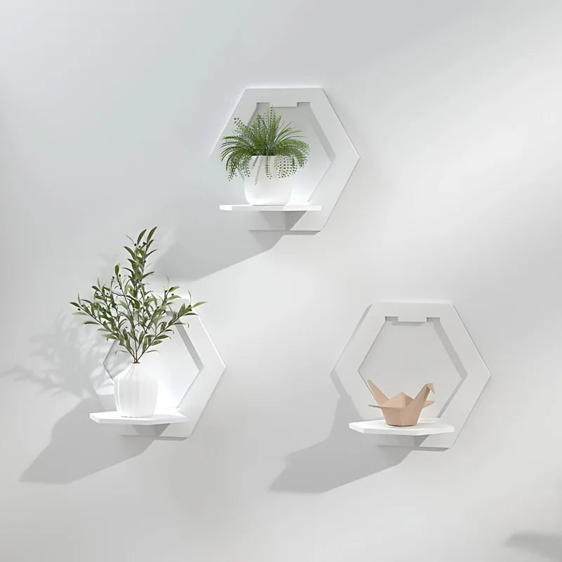 HexaWood Wandregal | Sechseck-Design | Weißes Holz | Bohrfrei