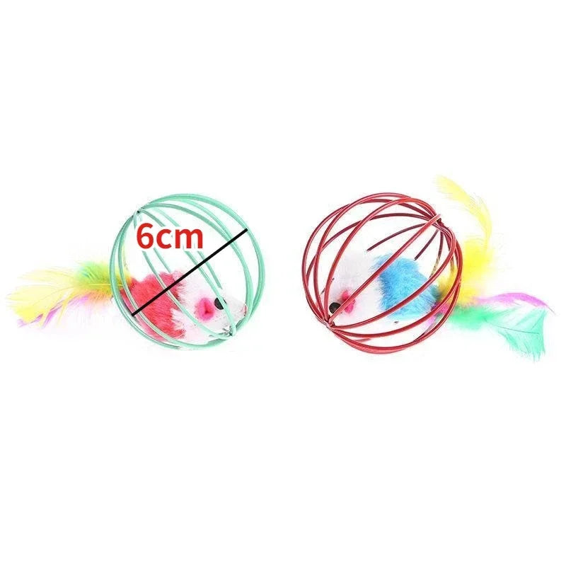 Miauvo Katzen-Spielball | Plüsch-Maus im Käfig | Lustiges Katzenspielzeug für aktive Stubentiger | Zufällige Farbe Ø 6 cm