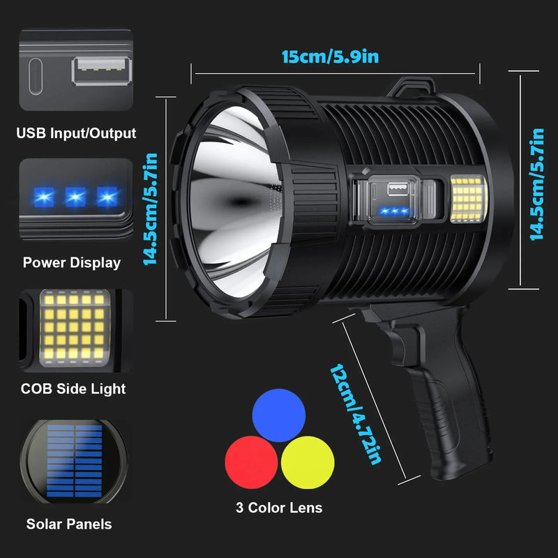 Handscheinwerfer LuminexPro 900K | 900.000 Lumen | 10000 mAh Akku | Solar & USB Ladefunktion | IPX5 Wasserdicht