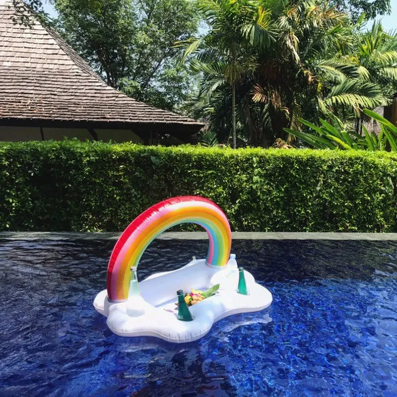 Poolonia Aufblasbarer Schwimmtisch Regenbogen & Wolken | Poolbar mit Getränkehalter & Eisfach | Luftmatratze für Poolparty & Sommer
