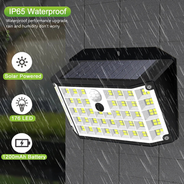 Solurex MotionLight 176 Solar Wandleuchte Außen mit Bewegungsmelder | 176 LEDs | 3 Modi | IP65 Wasserdicht | 3,7V 1W | Schwarz