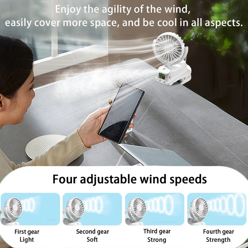 Mistello Tragbarer Sprüh-Ventilator mit Clip | 4 Geschwindigkeiten & 360° drehbar | Mini USB-Lüfter mit Vernebler für Büro, Auto & Camping
