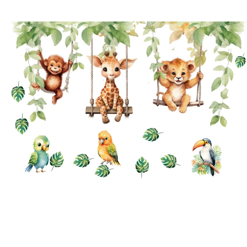 Wandolino JungleSwing Wandsticker Tiere schwingen am Ast | Lustige Dschungel-Tierdeko für Kinderzimmer