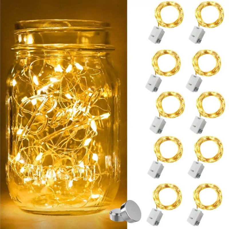 LumiGlow LED-Lichterkette 10er-Set | Warmweiß | Batteriebetrieben & Wasserdicht | Flexibler Silberdraht für Deko, Hochzeit & Party