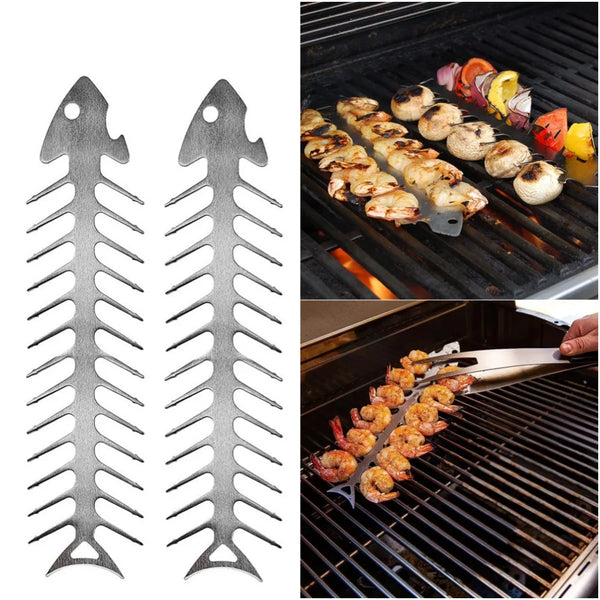 GrillBone Fischgräten-förmiger BBQ-Spieß | Edelstahl | Rostfrei & hitzebeständig | 30 × 6 cm