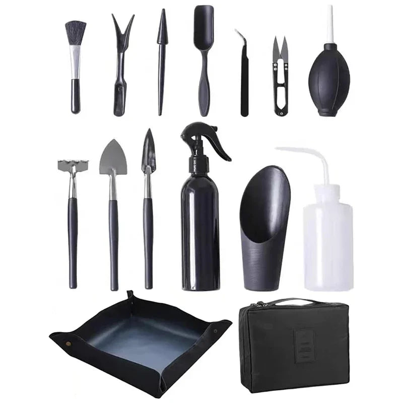 Florinza MicroGarden Set 15-teiliges Bonsai- & Sukkulenten Gartenwerkzeug-Set | Mit Tasche & Pflanzmatte | Für Umtopfen, Schneiden & Pflegen