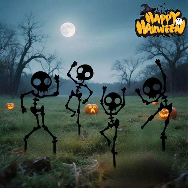 SpookySteps Gartendeko | Tanzende Skelette | Wetterfestes Metall | 4er-Set | Halloween Outdoor Dekoration