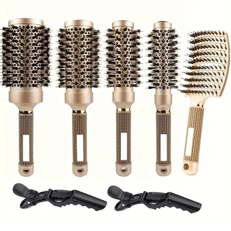 Rundbürsten-Set GLOSSENTA | Ionen-Keramik & Wildschweinborsten | Antifrizz & Volumen | 25–53 mm Ø