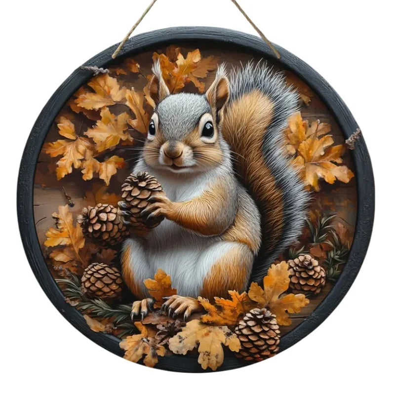 Holzschild AutumnTail | Rundes Willkommensschild mit Eichhörnchen-Motiv | 20–30 cm | Handgefertigte Herbst- & Winterdeko