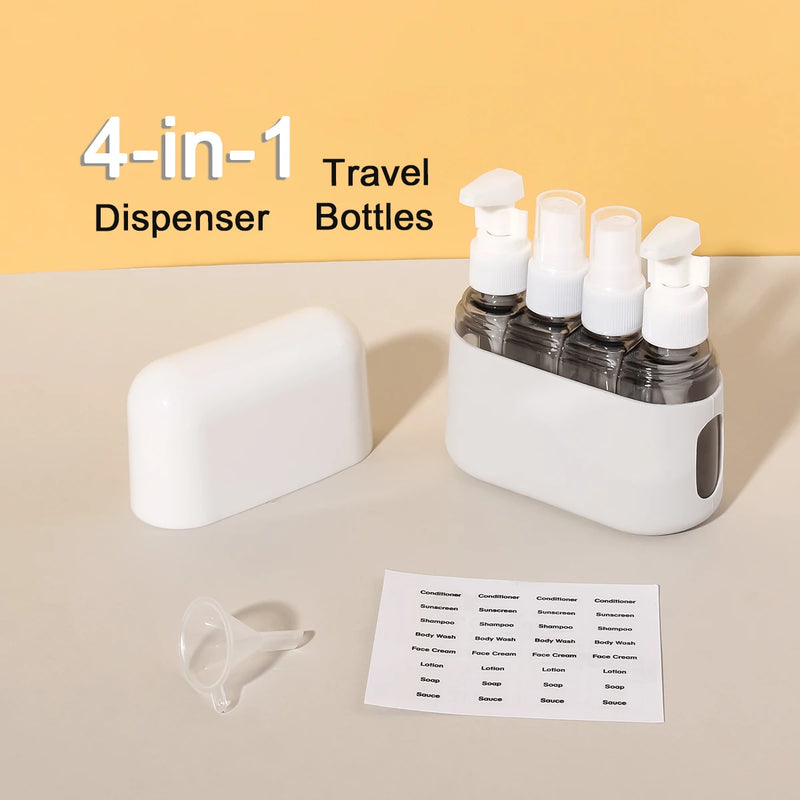 TravelEase 4-in-1 Reiseflaschen Set | Nachfüllbare 50 ml Spender & Sprühflaschen | Auslaufsicher & TSA-konform | Für Shampoo, Lotion, Desinfektion