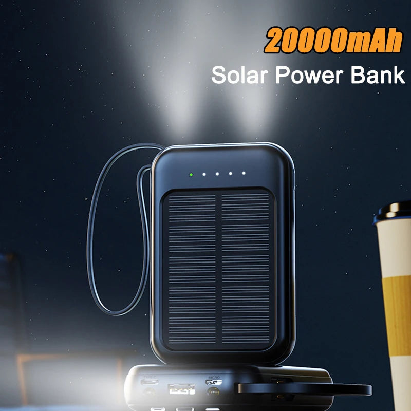 Solar-Powerbank Solivon Core 20K | 20.000 mAh | Mit integrierten Kabeln & LED-Taschenlampe | Für iPhone, Samsung, Xiaomi & mehr