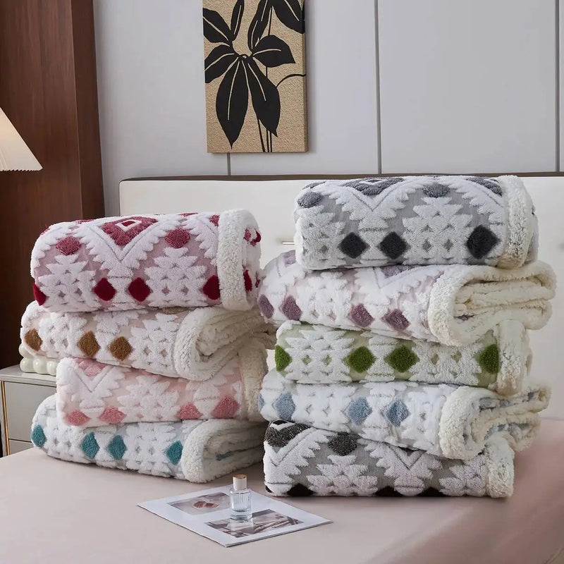 Lunavoux | Doppellagige Decke aus Samt & Lammwolle | Extra Dick & Warm | Geometrisches Jacquard-Muster | Sofa- & Bettüberwurf