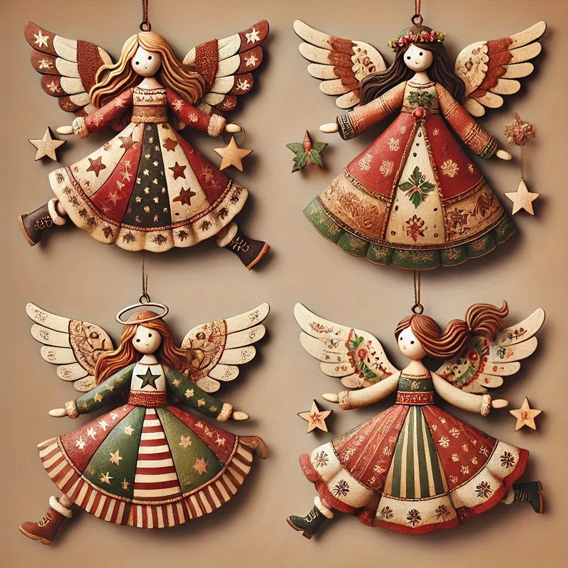 AngelWood Classics | 4er-Set Vintage Weihnachtsengel | Flache Holzanhänger | Deko für Christbaum & Zuhause | Festlicher Baumschmuck 2025/2026