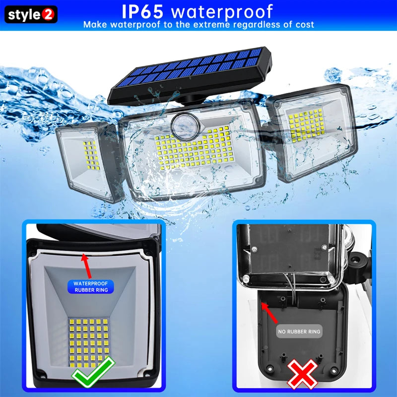 SecuSolar MaxView 167 Solar Sicherheitsstrahler 167 LEDs | 3 Schwenkbare Köpfe | Bewegungsmelder & 3 Leuchtmodi | IP65 Wasserdicht | 2200 Lumen