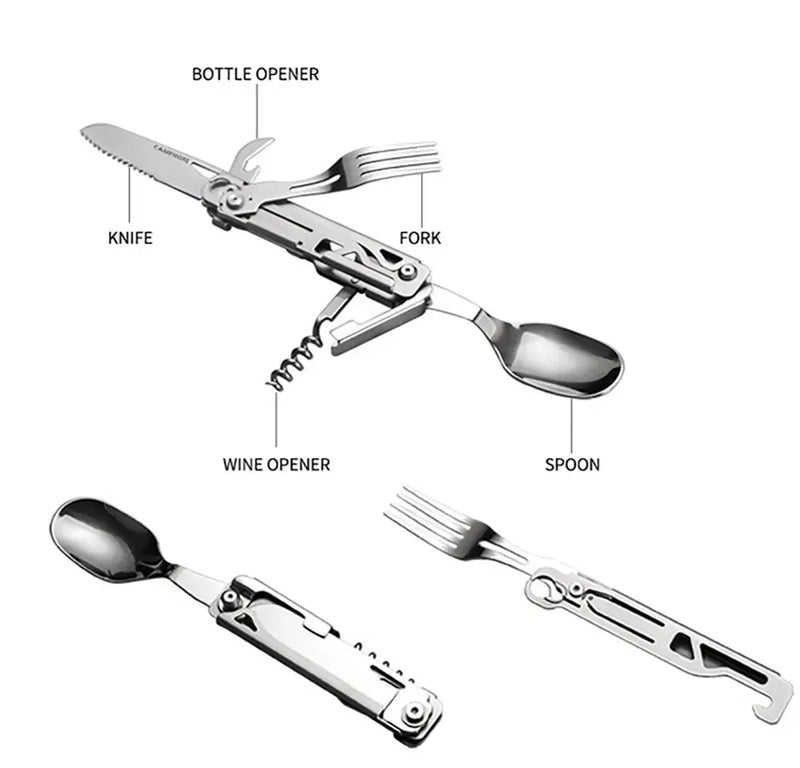 GearSpork Outdoor-Besteck 6-in-1 | Klappbares Multifunktionsbesteck aus Edelstahl | Messer, Gabel, Löffel, Dosenöffner & Flaschenöffner | Für Camping & Trekking