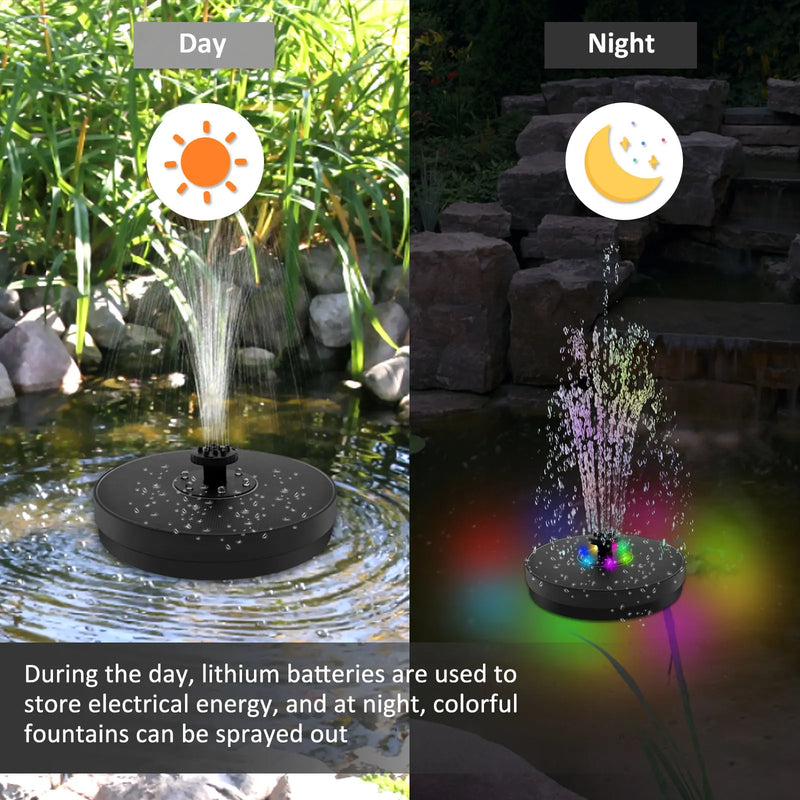 AquaLume Solar Spring | 3W Solarbrunnen mit LED Farbspiel | Bis 60 cm Fontänenhöhe | 7 Düsenaufsätze